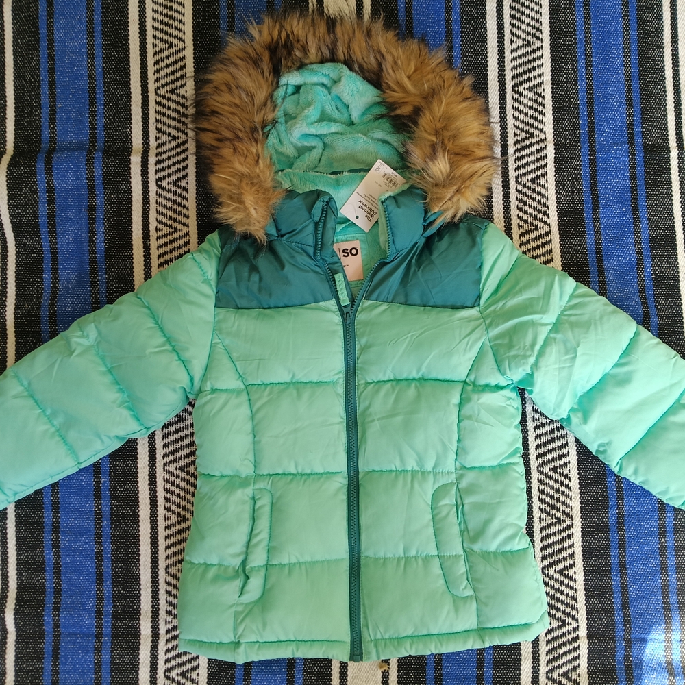 SO Mint Green Puffer Jacket with Faux Fur Trim